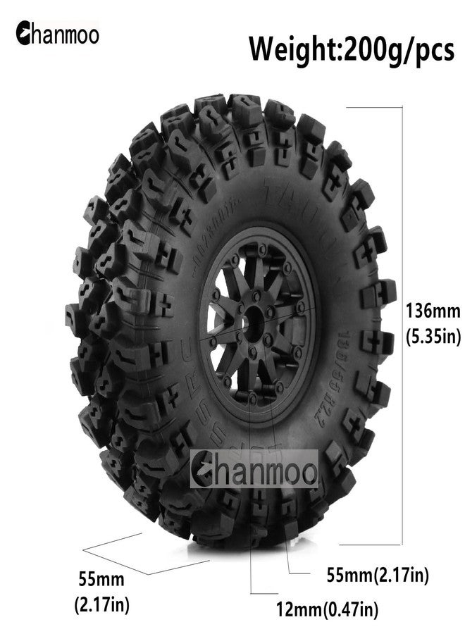 Chanmoo 2.2 RC Crawler Tires and Wheels Beadlock Rims 1/10 RC Rubber Slingers Grappler Mud Tyres OD 136mm for 1:10 Rock Crawler Car Axial SCX10 90047 D90 TF2 Tamiya CC01 Traxxas TRX4 RGT 4PCS (Black) - Image 2